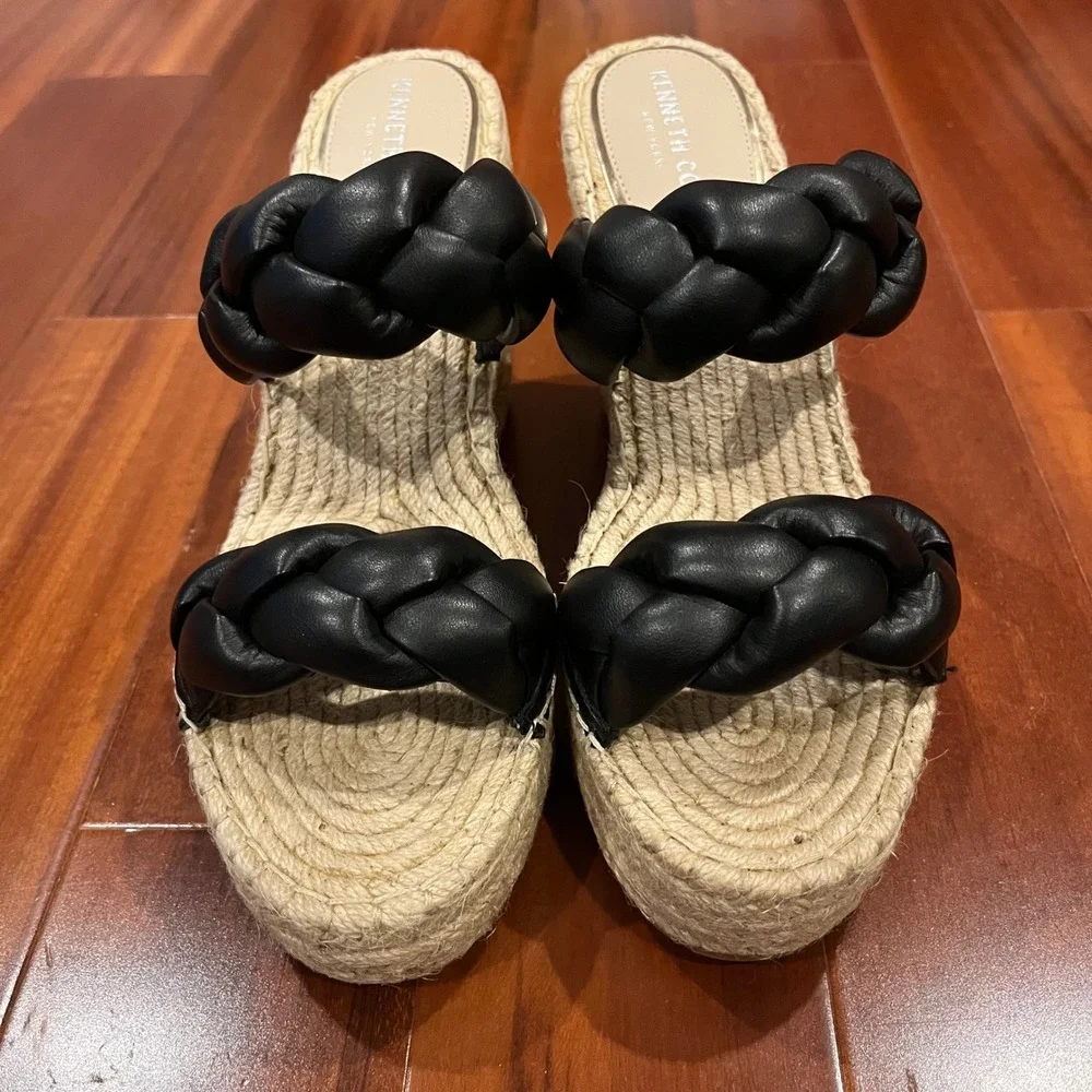 Black Espadrille Wedge Sandals Shoes Kenneth Cole Olivia Braid Rattan New Sz 9.5
